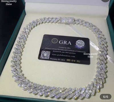 14MM 925 Sterling Silver plated  Moissanite  Cuban Link Chain Hip Hop Necklace
