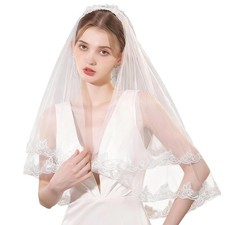 White Short Lace 2 Tier Fingertip Length Bridal Wedding Veil With Comb