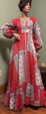 Vintage Gunne Sax Jessica Red/White/Blue Floral Lace up Maxi DRESS 70s Boho