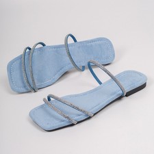 Women Rhinestone Thin Strap Slide Sandals Open Toe Flat Slip On Summer Slippers