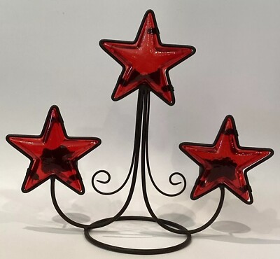 AMERICANA RUBY RED BLOWN STAR TRIO TEALIGHT HOLDERS ON FANCY BLACK WROUGHT IRON