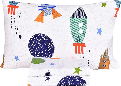 Cotton Twin Bed Sheet Set with Cartoon Rocket Design - Space Adventure Theme - Picture 3 of 6