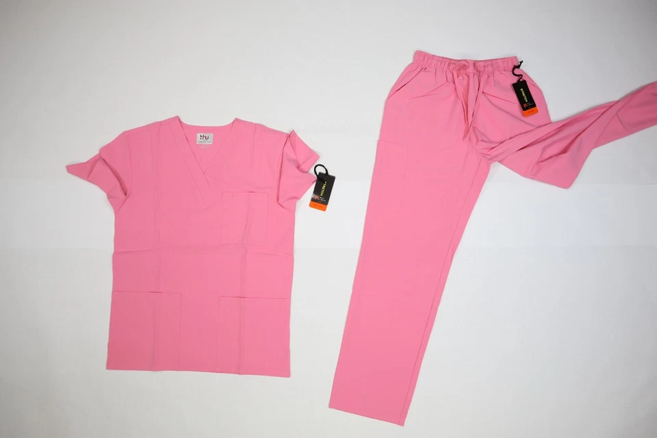 Beverly Hills Uniforms Unisex Pink V-Neck Straight Leg Top Bottom Scrub Set XS - Image 3 of 4