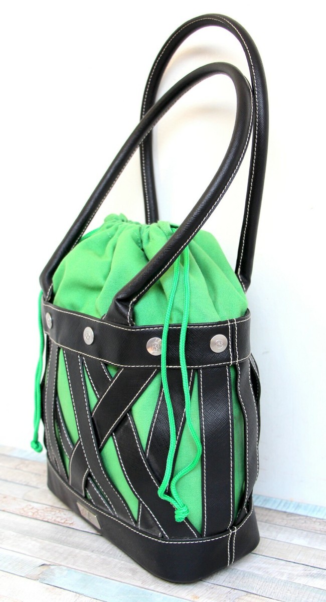 ADAX Scandinavia BLACK GENUINE LEATHER GREEN FABRIC TOTE SHOULDER BAG BUCKET