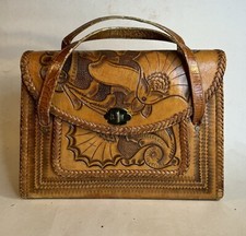 Vintage Hand Tooled Leather Purse Floral Design Classic Handbag 70's