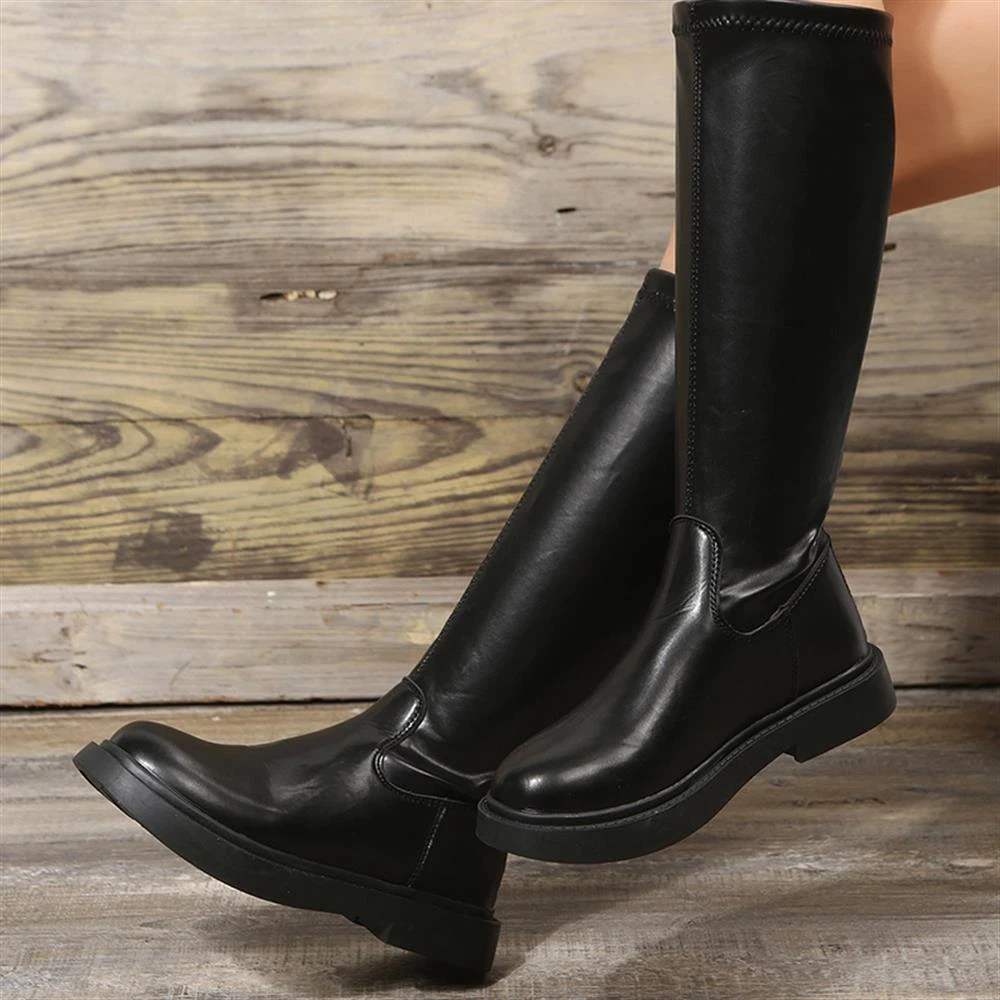 Ladies Women Knee High Boots Flat Block Heel Biker Riding Winter