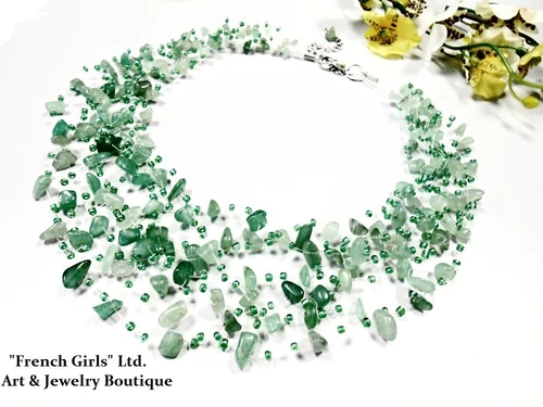 Raw Green Jade Nephrite Gemstone Floating Multistrand Air Crochet Gems Necklace