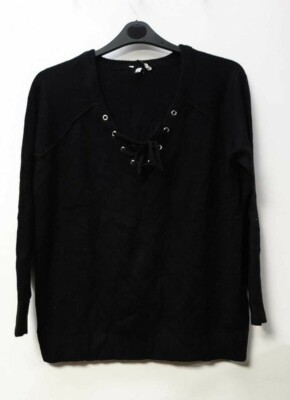 Capsule schwarzer Pullover V-Ausschnitt Schnürung UK Small 12-16 LN100 PP 17