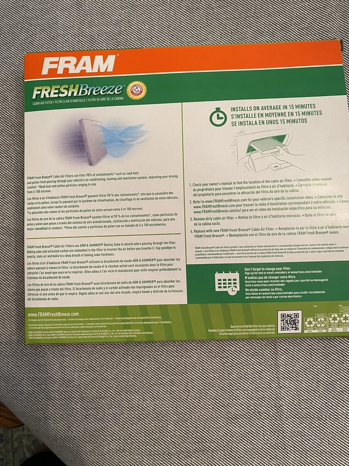 Brazo de filtro de aire de cabina FRAM Fresh Breeze y martillo bicarbonato de sodio CF9846A nuevo Foto 2 de 2