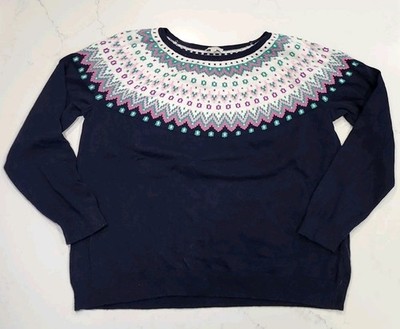 Talbots Plus 1X Sweater Navy Blue Multi Colored Patterned Top Warm