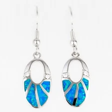 Oval Ocean Blue Fire Opal CZ Silver Jewelry Dangle Drop Earrings