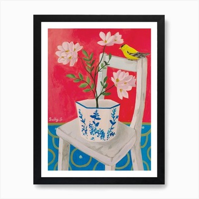 Chinoiserie gelber Vogel und Stuhl ein gerahmtes Wandbild Poster Leinwanddruck Bild