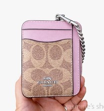 NWT Coach CW883 Zip Card Case In Signature Canvas In tan/ Dusty Pink