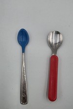 2 Vtg First Years Baby Spoons Silicone Melamine Steel Red  Blue Flatware