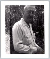 Vtg B&W Snapshot Older Man With Glasses And Mustache Outdoors In Forest 1950s