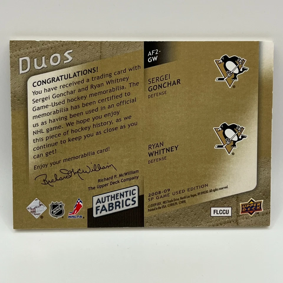 2008-09 SP Game Used Authentic Fabrics Duos Sergei Gonchar/Ryan Whitney #GW /25 - Image 2 of 2