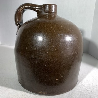 Antique Brown Stoneware Pottery Glazed Whiskey Milk Beehive Jug Crock Handle