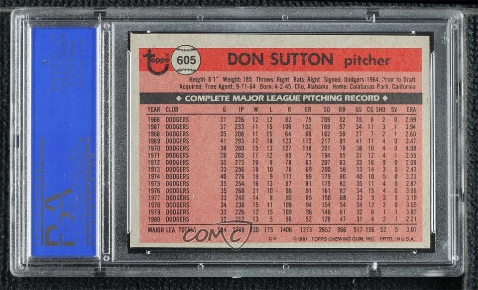 1981 Topps Don Sutton #605 PSA 9 MINT HOF - Image 2 of 2