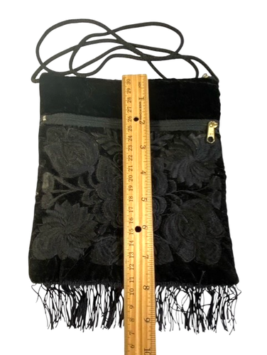 Velveteen Evening Shoulder Bag Purse Black w Butterfly Floral Design Zip Top - Picture 4 of 6