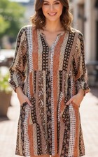 Impressions Dress Womens Medium Multicolor Long Sleeve Pockets Boho