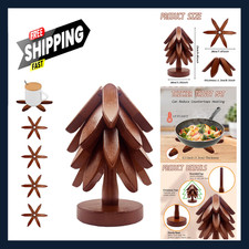Wooden Trivet Set Christmas Tree Design Stackable Stand 7.8 Inch Natural Wood
