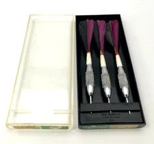 Vintage 70's UNICORN Chrome DARTS SET Darrow Feather 27 Grams Purple & Black