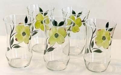 Set of 5 Vintage Joni Dixie Yellow Dogwood Flower Glasses Beverage Juice 4 7/8''