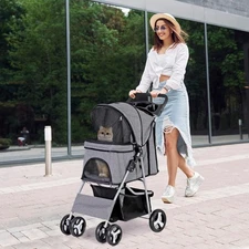 Dog Stroller Pet Travel Carriage 4 Wheeler w/Foldable Carrier Cart W/Cup Holder