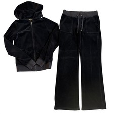 Juicy Couture Black Velour Tracksuit Set Hoodie Wide Leg Pants Women Small