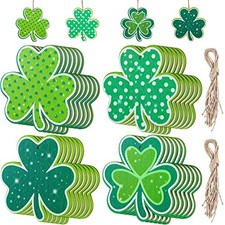 24 Pcs St Patricks Day Decorations Shamrocks Wooden Clover Glitter Style