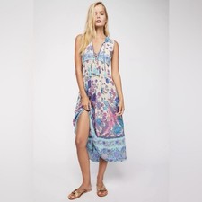 Spell & the Gypsy Siren Song Boho Midi Dress, XS, Flamingo Floral, Tasseled Tie