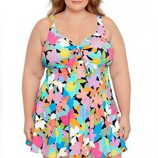 SWIM SOLUTIONS Plus Size Tummy Control Bow-Front Printed Swimdress - Size 18