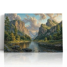 Golden Mountain River Canvas Print Wall Art – Peaceful Valley Landscape Artwork