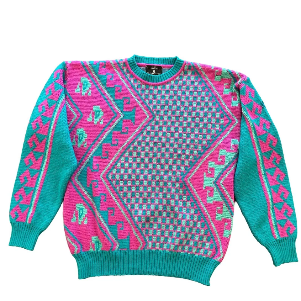 Suéter De Lana Demetre De Colección Años 90 Para Hombre Mediano Verde Rosa 3D Geométrico Bloque de Color Foto 2 de 4