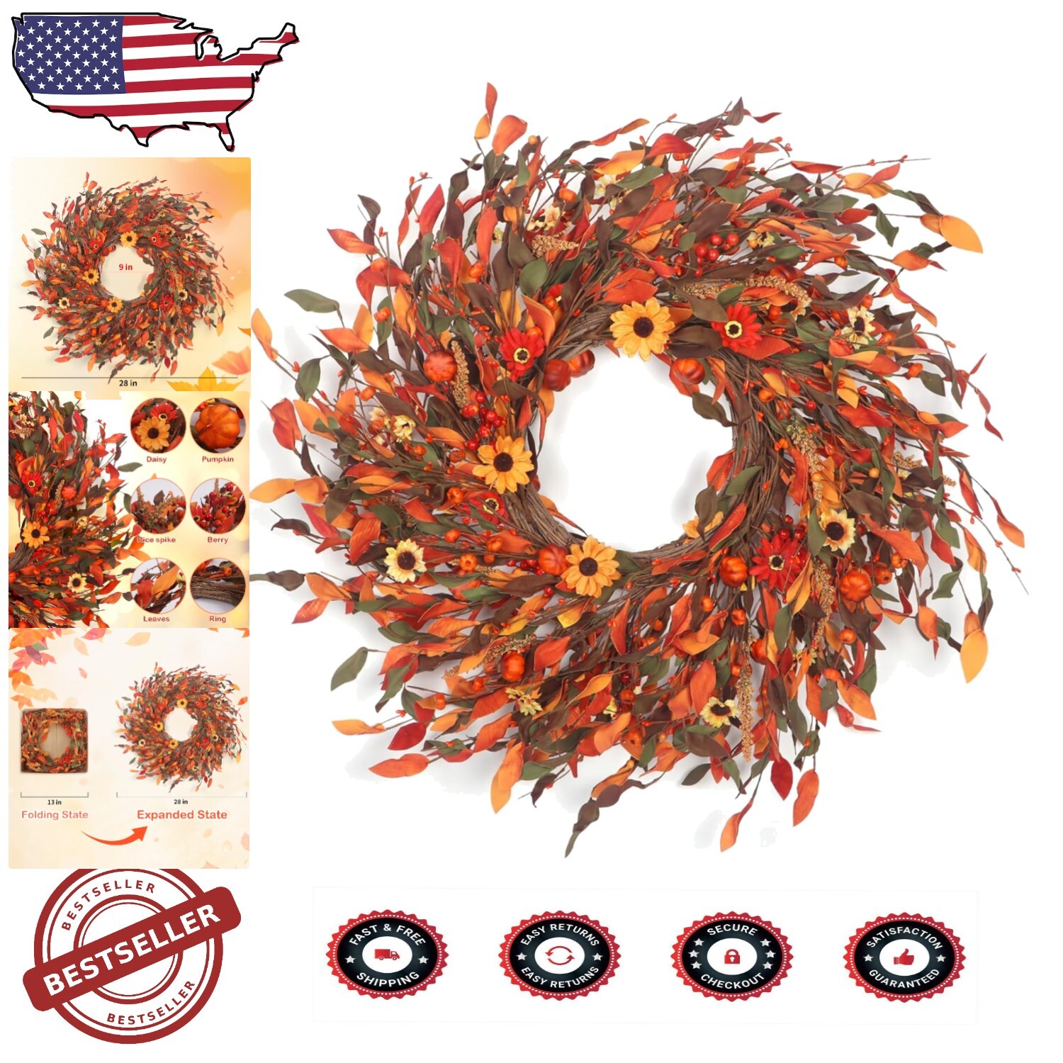 Handmade Daisy Pumpkin Wreath for Thanksgiving Harvest Decor