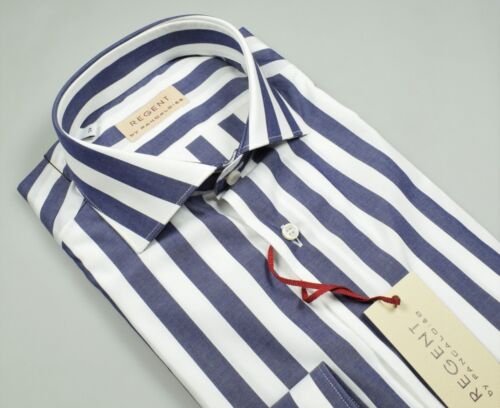 Camicia Pancaldi Slim Fit a Righe larghe Blu Collo alla Francese Cotone Stretch - Photo 1/3