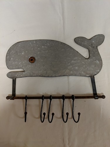 Galvanized Metal Whale w/ 5 Rustic Metal Hooks - Picture 2 of 3