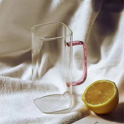 Square Glass Cup With Wooden Cover Colored Handle High Borosilicate