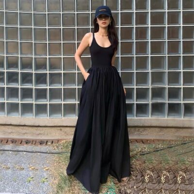Hot Sell High Waist Sleeveless Midi Dress Gothic Black Pleated Party Night  Dress | eBay