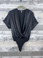 Halara Crossover V-Neck Batwing-Sleeve Satin Work Bodysuit Medium