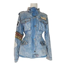 Upcycled Denim Military Jacket Small London Boho Art Studded Patchwork OOAK