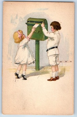 1913 Children US Mail Box Dropping Letter Springfield MA Antique Postcard