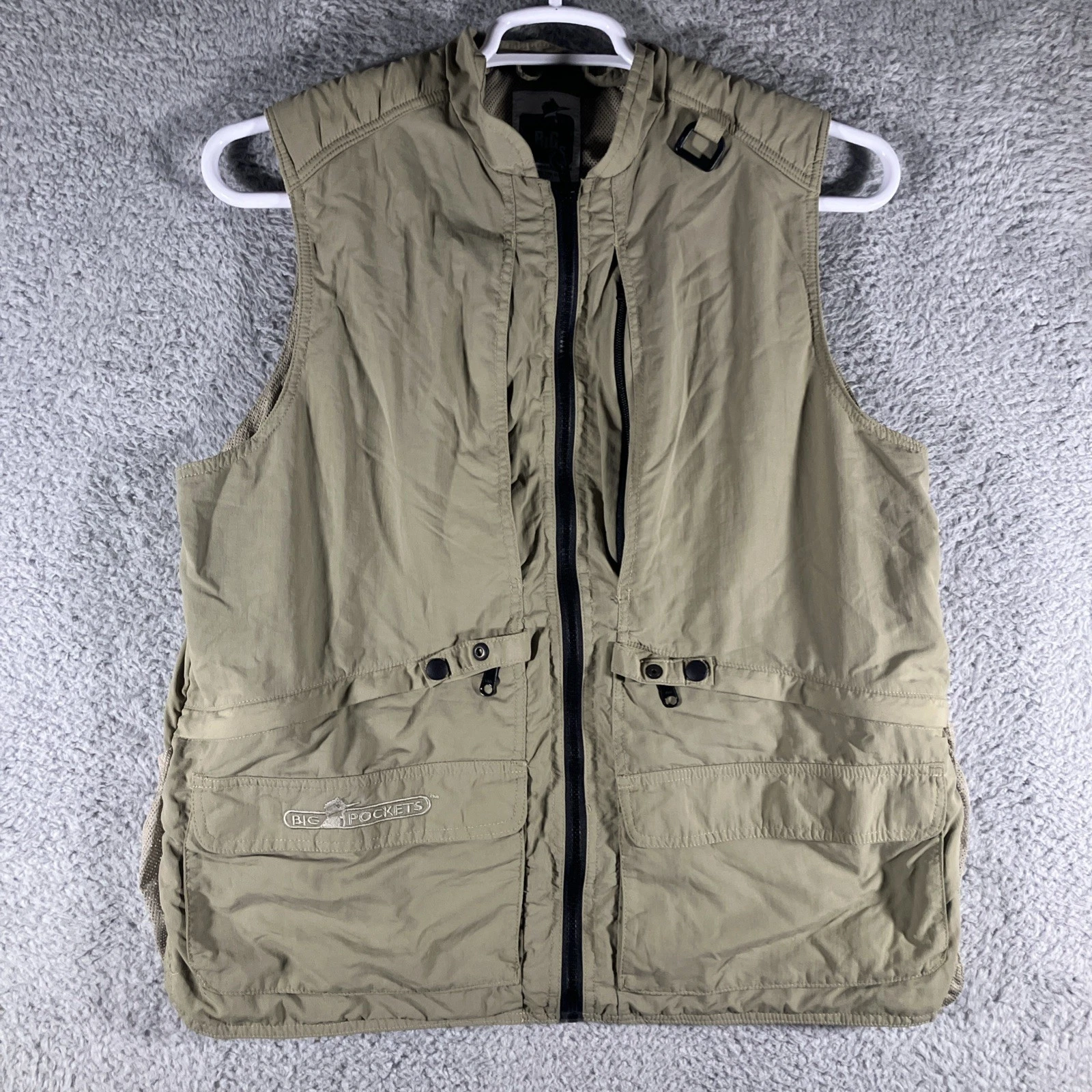 Big Pockets Nylon Fishing Vest Mens 42" Chest Hunting Beige Full Zip Outdoors