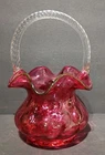 FENTON Cranberry Coin Dot Clear Rope Handle Glass Basket
