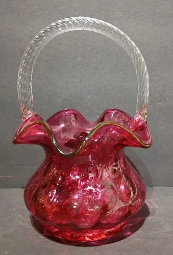 FENTON Cranberry Coin Dot Clear Rope Handle Glass Basket