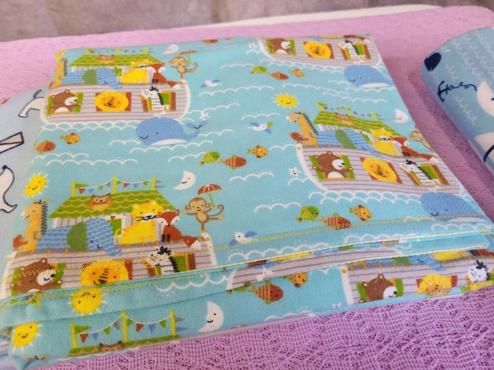 Juego de tres mantas de franela hechas a mano para bebé niño Arca de Noé velero... Foto 4 de 4
