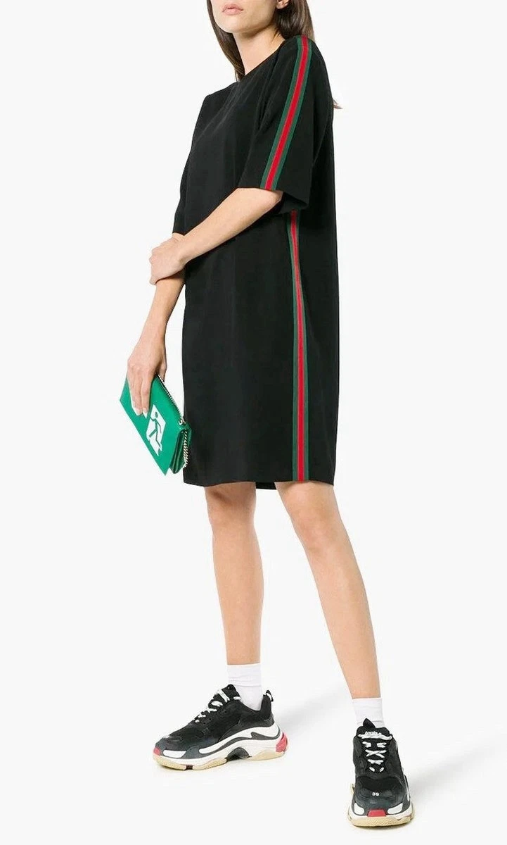 Abito GUCCI IT 42 UK 10 nero manica corta righe web lunghezza ginocchio oversize