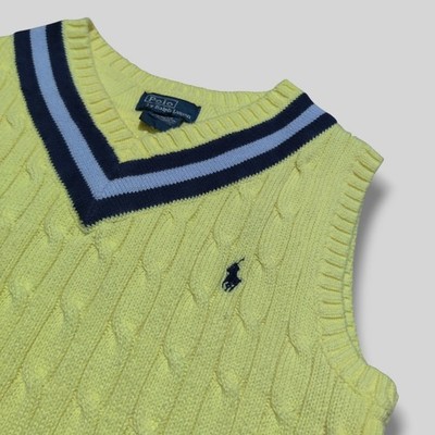 VTG 90s Polo Ralph Lauren Kids Cable Knit Yellow Sweater Vest Youth 7 / Small