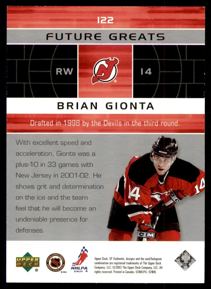 2002-03 SP Authentic Brian Gionta 1273/2003 New Jersey Devils #122 - Image 2 of 2