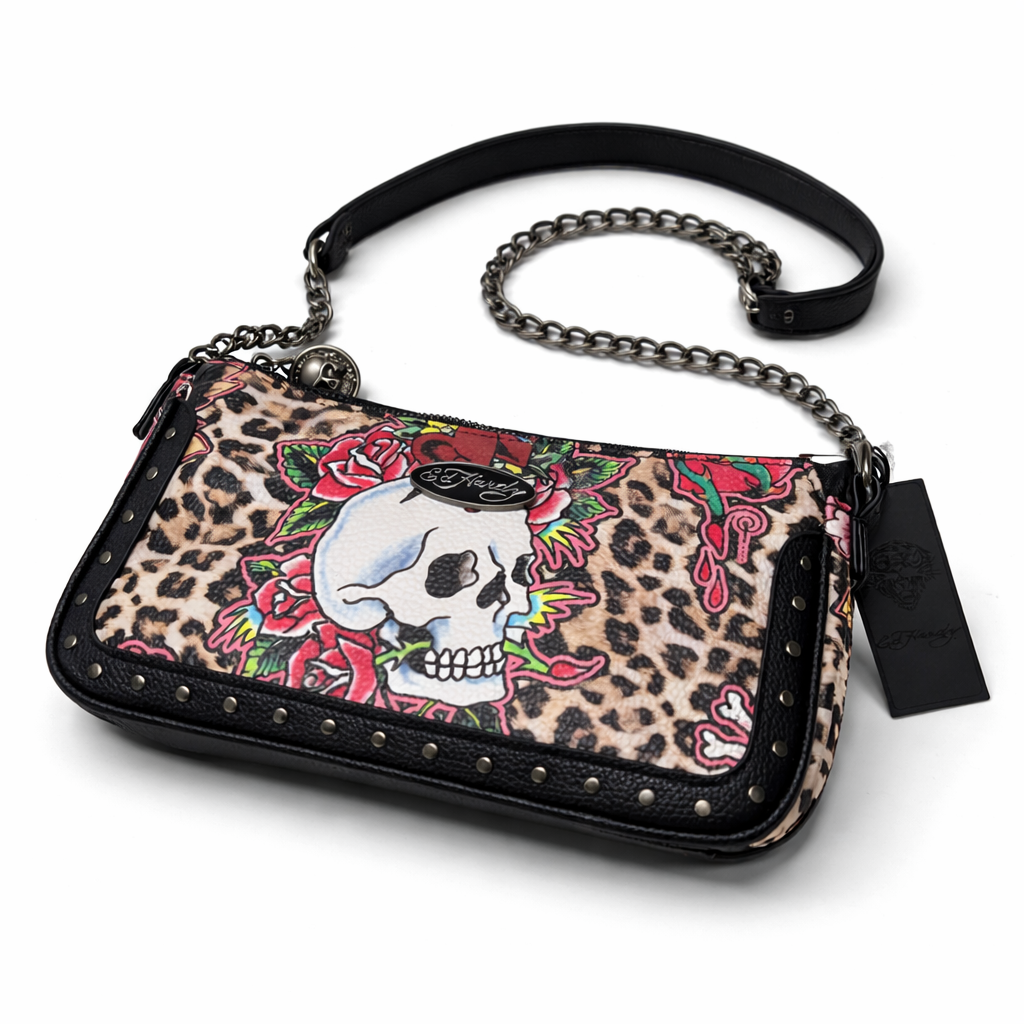 Ed Hardy Leopard Floral Skull Shoulder & Crossbody Bag Y2K Studded